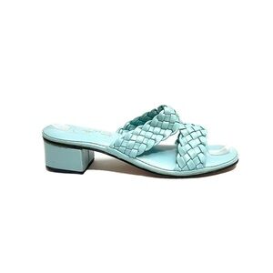 Vintage 1960s pastel blue vegan leather woven strap open toe heeled sandals